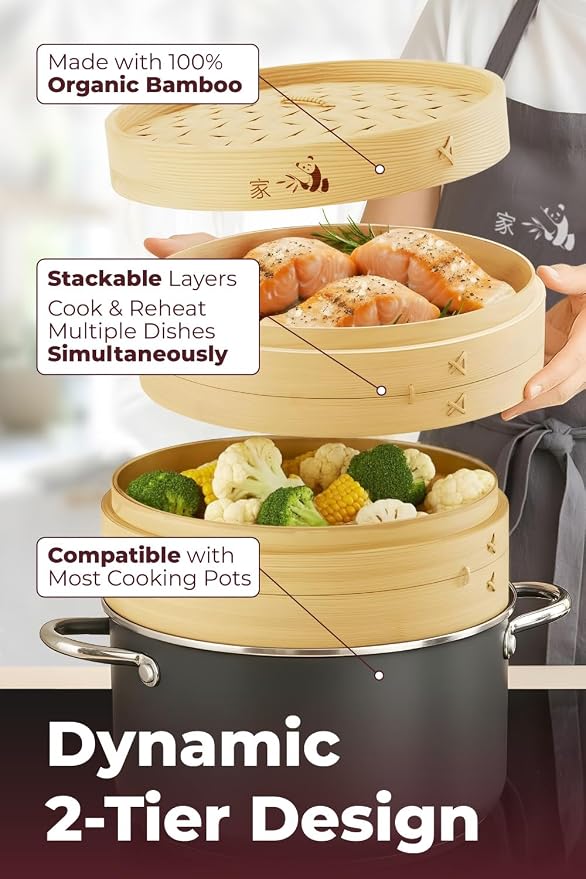 Bamboo Steamer Basket - Cook Delicious Meals with Authentic Flavor at Home | 10 Inch, 2 Tiers + 50 Liners, Chopsticks and Sauce Dish - Steam Family Portions of Bao, Dumplings and Vegetables at Once