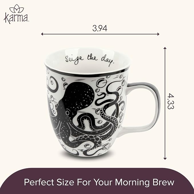 Karma Gifts 14 oz Black and White Boho Mug Octopus - Cute Coffee and Tea Mug - Ceramic Coffee Mugs for Women and Men