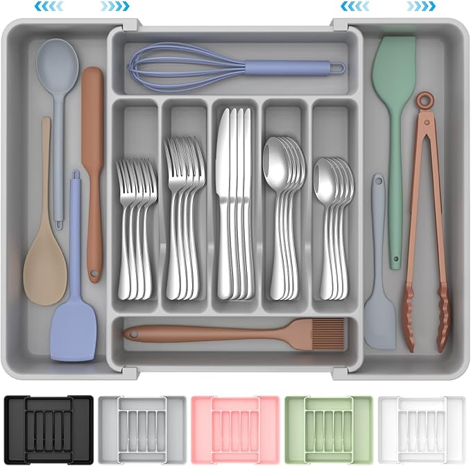 ukeetap Extra Large Expandable Silverware Organizer, Flatware Tray,Gray | BPA-Free Food-Safe Kitchen Utensil Cutlery Drawer Organizer, Adjustable Silverware Holder for Spoons Forks Knives
