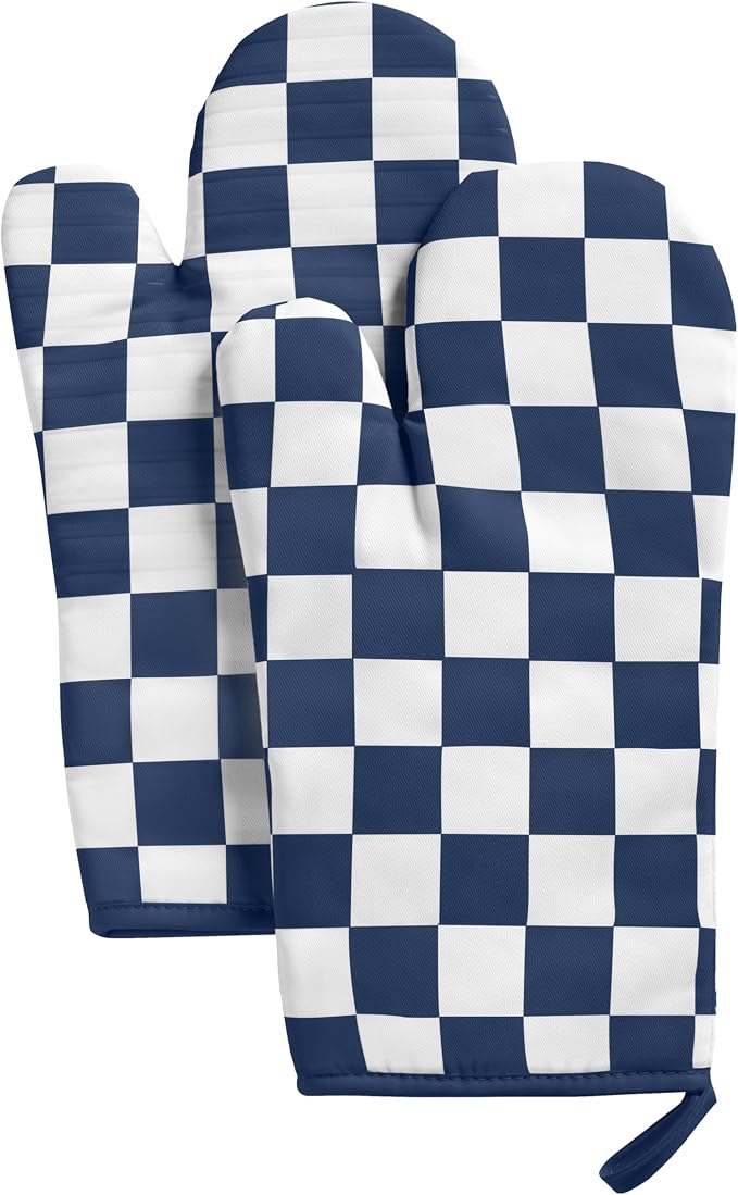 Ohocut Navy Blue Checkered Oven Mitts Heat Resistant, Vintage Retro Checkerboard Cute Oven Mitts, Non-Slip Silicone Kitchen Oven Gloves, 2-Pack Set, 7''x13''