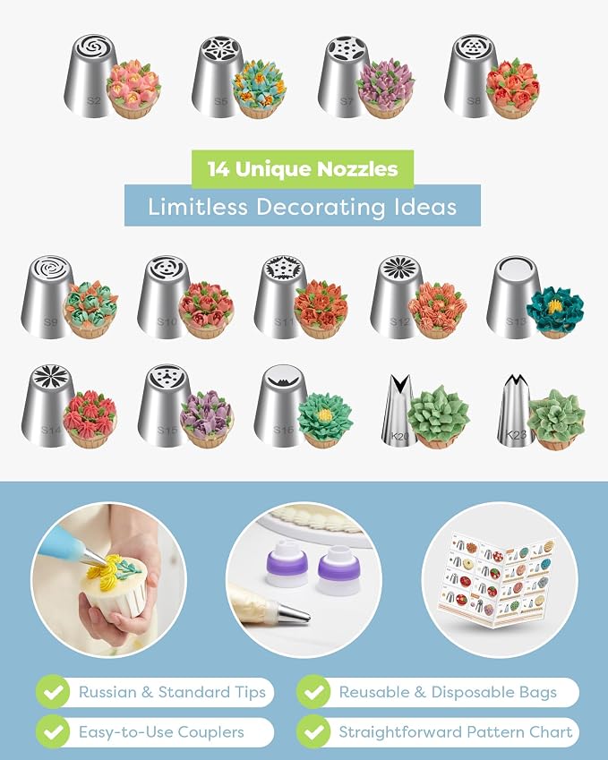 Kootek 48 Russian Piping Tips Set Frosting Piping Kit for Beginners & Pros | Piping Bags and Tips Set, Cake Decoarting Supplies Kit, 12+2 Piping Tip, 30+1 Pastry Bags, for Cupcake Cookie Cake Decorating