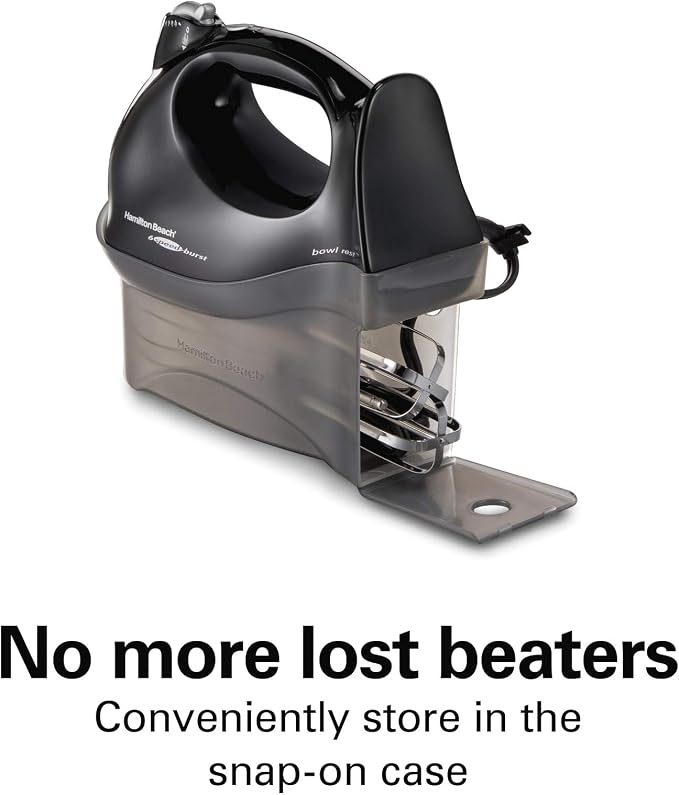 Hamilton Beach Power Deluxe 6-Speed Electric Hand Mixer With QuickBurst | Powerful 250 Watt Motor | Traditional Beaters | Whisk | Snap-On Storage Case | Bowl Rest | Black | 62692