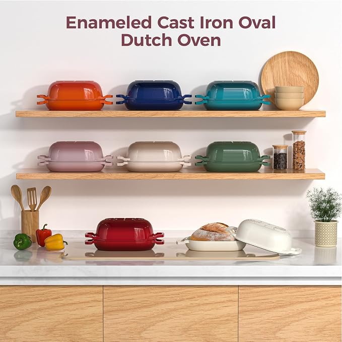 Wildone Enameled Cast Iron Dutch Oven Pot with Lid, Oval Bread Oven | Loaf Cast Iron Bread Pan for Homemade Bread Baking, Meatloaf Pan with Lid, 5.5QT, Pink