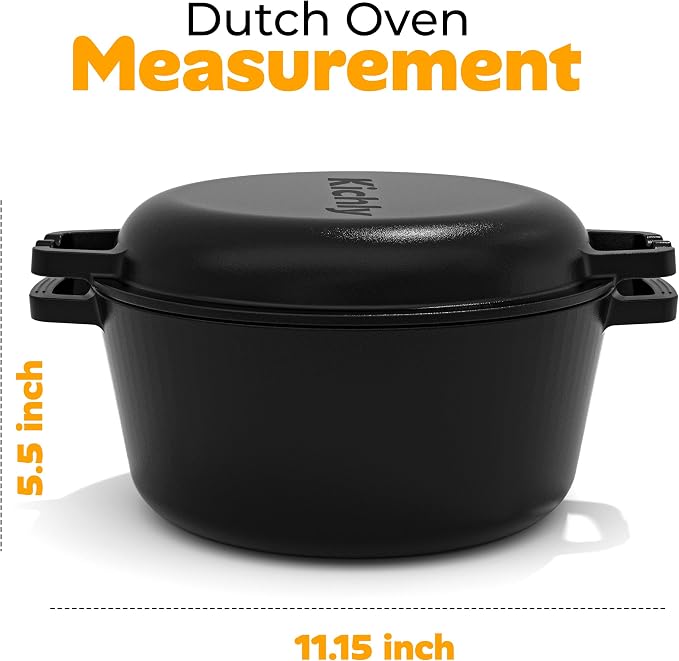 KICHLY Cast Iron Dutch Oven 5 QT with Skillet Lid Pre-Seasoned PFAS-Free | Dual Purpose Skillet Lid, Griddle Pan Included, Bread Baking, Roasting, Grilling, Camping Use, Heavy Duty