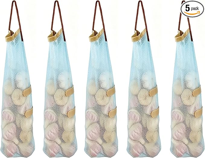 Ahyuan Hanging Mesh Storage Bags 5 Pack Onion Garlic Potatoes Net Mesh Bag Long and Large Reusable Net Produce Bags for Fruit Veggies Garbage Bag for Home RV Camper (Blue)