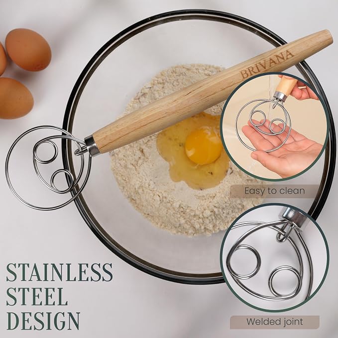 13-Inch Danish Dough Whisk, Double Loop Bread Whisk with Wooden Handle, Stainless Steel Dough Mixer for Sourdough Bread, Pizza Dough, Batter and Pastry