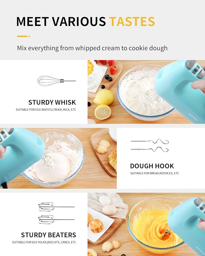 SHARDOR Hand Mixer Electric, 6 Speed & Turbo Mixer Electric Handheld, Snap-On Storage Case,5 Stainless Steel Accessories for Whipping, Mixing Cookies, Brownie, Cakes, Dough Batters (Blue)