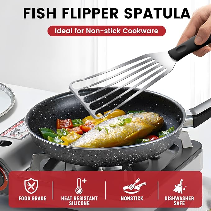 Stainless Steel Fish Spatula, Flexible and Thin Edge, Fish Turner for Kitchen Use, Slotted Mental Spatula with Heat Resistant Silicone Handle