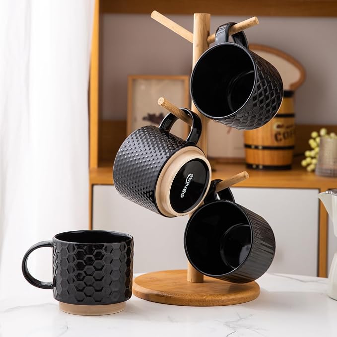 GBhome 12 OZ Stackable Coffee Mugs Set of 4, Ceramic Black Coffee Cups Set | 4 Assorted Designs, Embossed Mugs with Texture Patterns for Tea/Coffee, Dishwasher&Microwave Safe, Black
