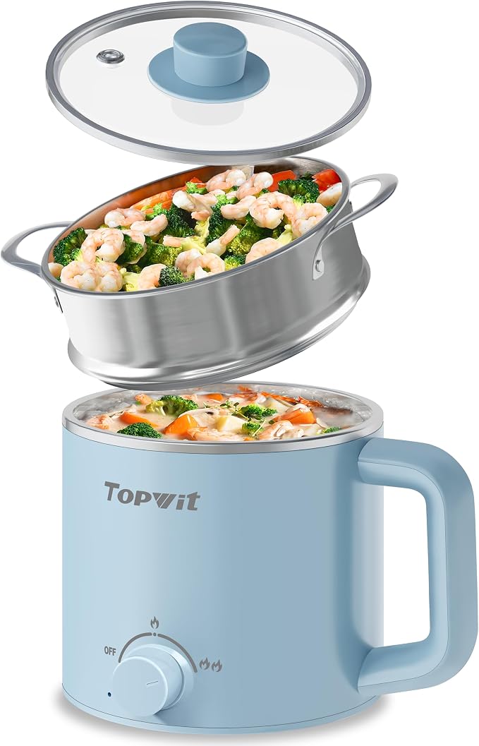 Topwit 1.6L Electric Pot, Stainless Steel Ramen Cooker with Steamer | Dual Power Setting, Cooking for Hot Pot, Pasta, Oatmeal, Soup & Egg, Overheat & Boil-Dry Protection, for Dorm & Office