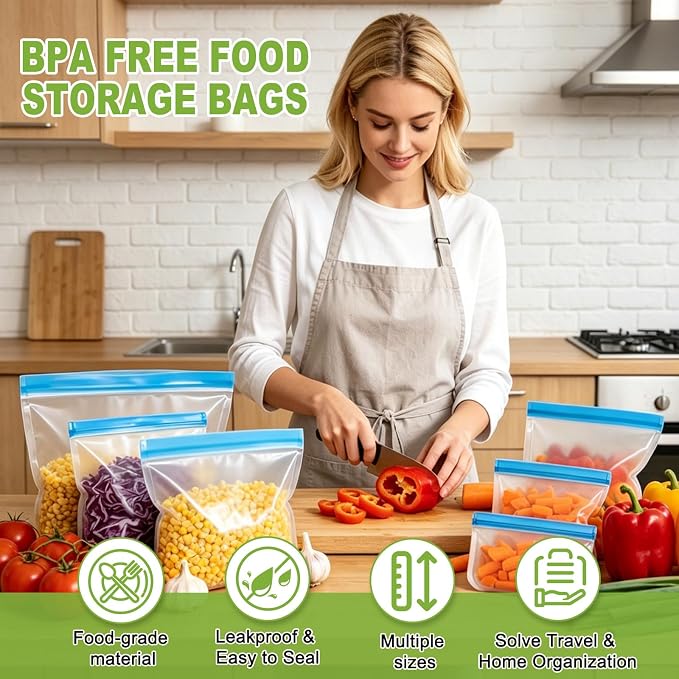 12 Pack Silicone Bags for Food Storage,Reusable Silicone Food Storage Bags,Freezer & Dishwasher Safe,Reusable Ziploc Bags Freezer Bags, Leakproof-4 Gallon 4 Snack 4 Sandwich Bags,Blue