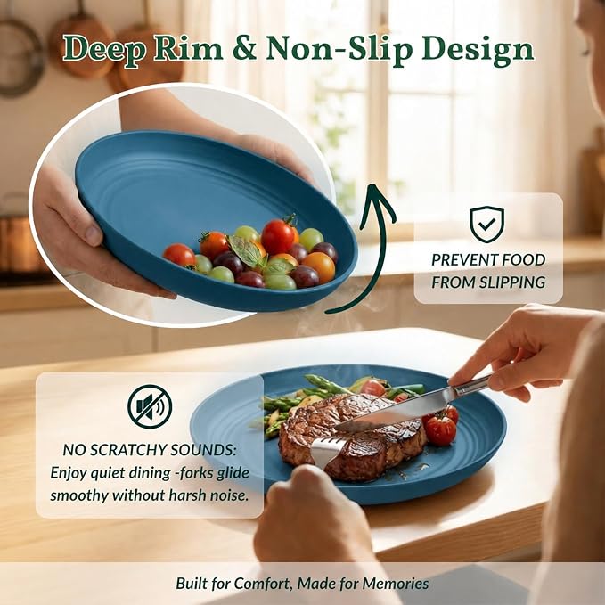 Unbreakable 8 Pcs Deep Dinner Plates Reusable Plastic Wheat Straw Plates Set Lightweight Kitchen Plates for Salad, Lunch, Dessert, Microwave & Dishwasher Safe Plates for Camping (Blue, 9 In)