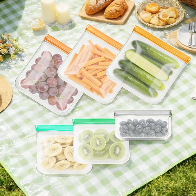 12 Pack Silicone Bags for Food Storage,Freezer & Dishwasher Safe,Leakproof Food Storage Bags,Reusable Freezer Ziploc Bags,Sandwich Snack Baggies-4 Gallon 4 Snack 4 Sandwich Bags,3 Colors
