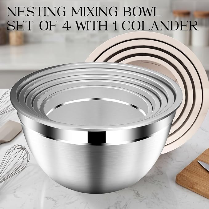 DUTZUN Stainles Steel Mixing Bowls with Lids Set, Stackable Metal Mixing & Serving Bowl with Strainer, 5-Piece - Beige