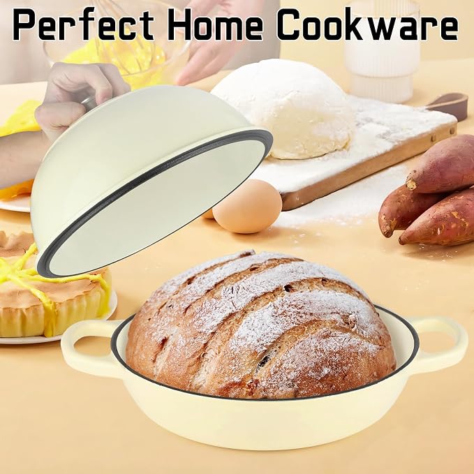 Enameled Cast Iron Bread Oven Dutch Oven Pot with Lid Beige | Bread Dutch Oven for Sourdough Bread Baking, 6 Quarts 10" Bread Pan with Dome Lid, Non-stick Cookware for Homemade Bread
