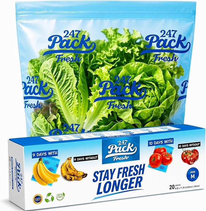 Freshpack 247 Reusable Produce Bags Size M 10 x 12 in, 1 Gallon 20 Pack Green Bags for Fruits and Vegetables, Food Storage Bags With Zipper, Helps Keep Produce Fresh, Kitchen Pantry Meal Prep