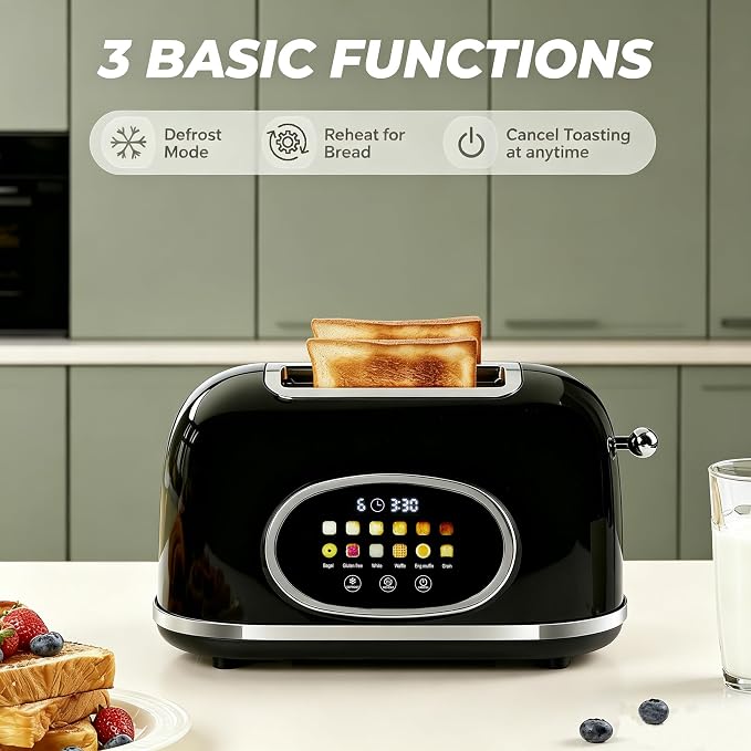 Roter Mond Smart 2 Slice Toaster, Touchscreen, Bagel Defrost, Retro Black | Retro stainless steel, digital timer & sleep mode, 6 bread types & shades, defrost/reheat/cancel,even toasting wide slots