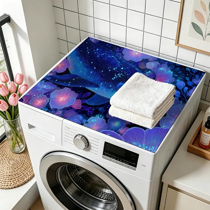 Glowing Dolphin Washer Dryer Top Cover Mat 28.35x20.47 in | Heat Resistant Cooktop Protector Mat with Non-Slip Backing, Scratch Protection and Countertop Drying Mat.