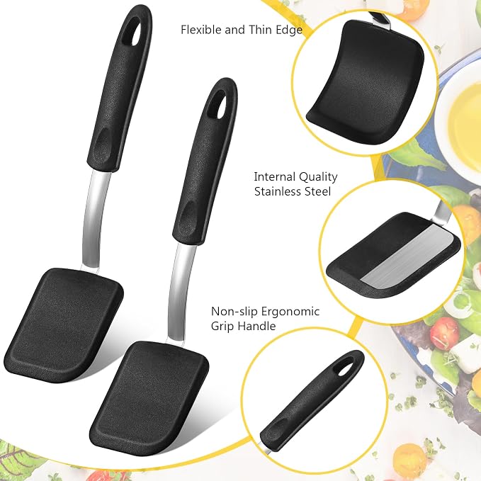 Silicone Cookie Spatula Turner 2 Pack Mini Brownie Spatula Flexible Kitchen Small Silicone Turner for Nonstick Cookware Heat Resistant No Scratch Flipper for Egg(Solid Flat,Black)