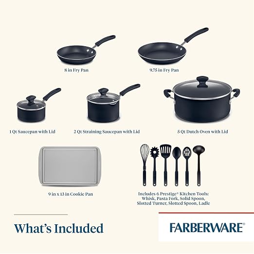Farberware Cookstart Aluminum DiamondMax Nonstick Cookware Set, Kitchen Essentials, 15-Piece, Black