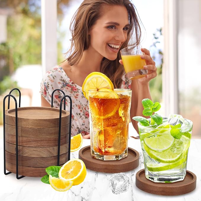 Acacia Wood Coasters Set of 8 Bar Accessories Table Decor Wooden Coaster | Rustic Vintage Drink Coaster with Holder Kitchen Decoration Cool Home Outdoor Cup Coster porta vasos Table Centerpieces
