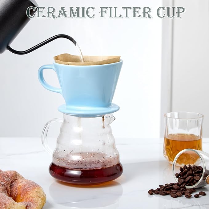 Pour Over Coffee Dripper, Ceramic Pour Over Coffee Maker, Blue | 3 Holes Flat Bottom, Easy Manual Brew Maker, Porcelain Slow Filter Cone for Travel, Camping, Office, Home