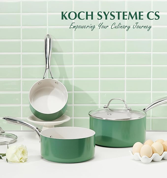 KOCH SYSTEME CS 1 Quart Saucepan with Lid, Nonstick Small Sauce Pan with Lid, PFAS-FREE Ceramic Saucepan for Healthy Cooking, Small Cooking Pots For Home Kitchen, Green