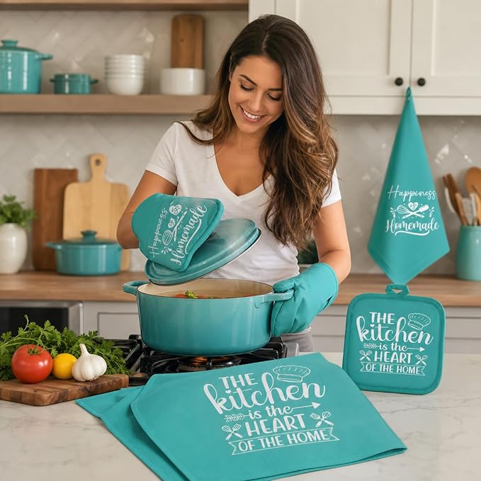 Sratte 6 Pcs Kitchen Decor Accessories Set, Kitchen, Light Teal | Farmhouse Kitchen Towels Pot Holders Oven Mitts Set 2 Dish Towels 2 Potholders 2 Cooking Mittens for Baking Cooking Supply