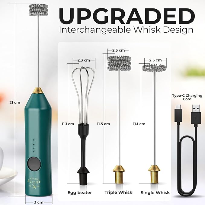 Zulay Kitchen Rechargeable Milk Frother Handheld - Frother Wand, Drink Mixer, Electric Whisk Frother, for Cappuccinos, Matcha & Protein Powder - Dynamic 3 Whisk, 3 Speed 500mAh Green Gold