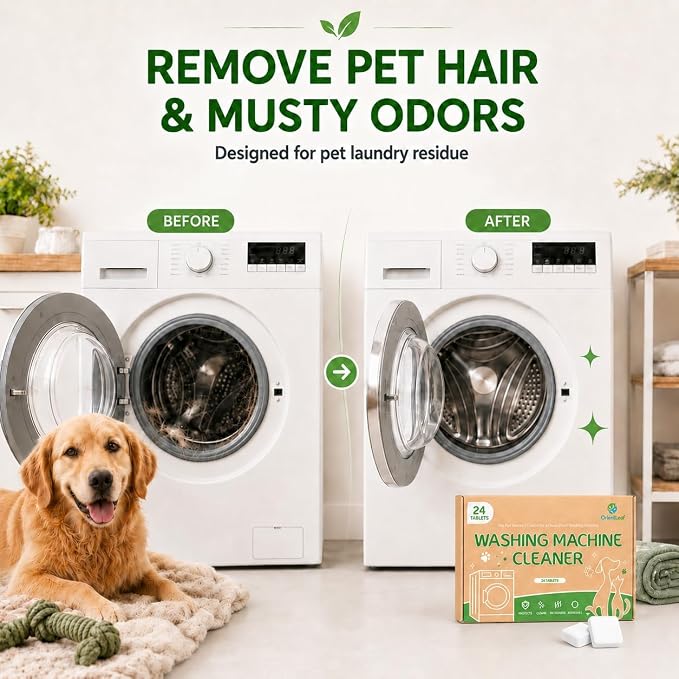 ORIENTLEAF Washing Machine Cleaner for Pet Owners, 24 Tablets 1 Year Supply | Fragrance-free enzyme washer tablets for pet homes; help clean washer residue, less plastic and easy to store