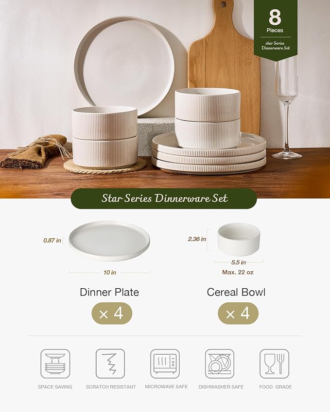 Famiware Star Stoneware Dinnerware Sets, 8-Piece Dishes for 4, Matte White | 10.5" Flat Dinner Plates & 5.5" Deep Cereal Bowls, Everyday Use, Chip & Scratch Resistant, Microwave & Dishwasher Safe