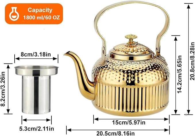 SANQIAHOME Antique 1.8L (60 Oz) Stainless Steel Teapot with Infuser Gold