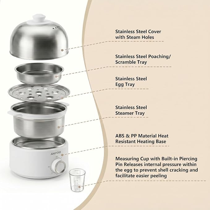 14 Eggs Electric Egg Cooker, 350W Rapid Egg Boiler with 30-Min Timer & Auto Shut-Off, Stainless Steel, Dishwasher Safe for Soft, Medium, Hard Boiled, Steamed Eggs, Vegetables & Seafood, White