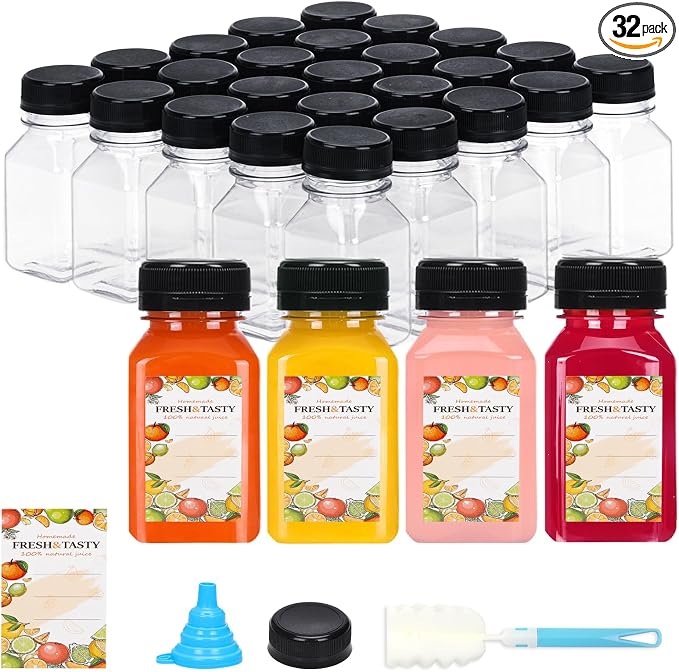 32pcs 4oz Plastic Juice Bottles with Caps, Sticker Labels, Brush | Empty Reusable Clear Ginger Shots Bottles Container with Lids, Label, Funnel, and Brush Beverage for Juicing, Drinkings