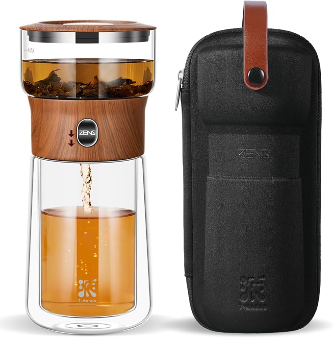 ZENS Glass Infuser Teapot, One Touch Tea Maker for Loose Leaf Tea, Walnut | Modern Tea Diffusers, Magic Tea Pot with 9oz Insulated Mug and Portable Bag for Tea Lovers Gifts