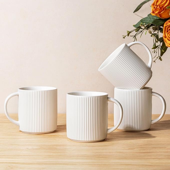 theterra Ceramic Coffee Mugs Set of 4, 14.2 oz Coffee Cups with Handle | Handmade, Suitable for Latte, Tea, Milk, Beer & Hot Cocoa, Bright White