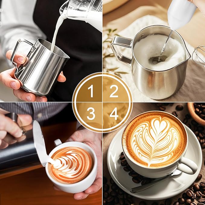 Powerful Milk Frother - Electric Handheld Milk Frother with Stand, Milk Jug and 2 Stainless Steel Blenders, Rechargeable 3 Speed Coffee Latte Cappuccino Matcha