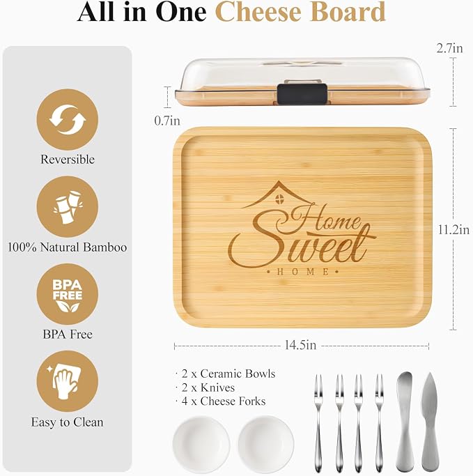 Portable Bamboo Charcuterie Board with Lid, Engraved Home Print | Includes Knife Set, Plates, Forks & Handle, Travel Serving Tray Platter for Cheese, Meat, Fruit, Housewarming Gift for Women