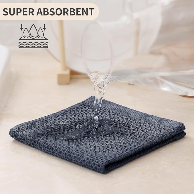 Kitinjoy 100% Cotton Waffle 6-Pack Kitchen Towels, 12" x 12", Dark Grey | Ultra Absorbent, Super Soft, lightweight, Quick Drying Dish Rags for Washing Dishes