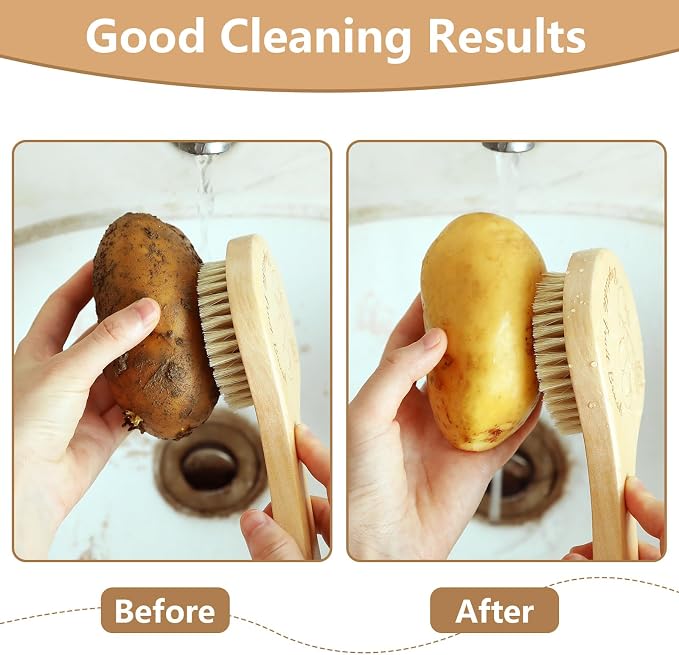 Long Handle Vegetable Scrubber, Veggie Fruit Potato Brush | Firm Bristles, Hanging Rope Wood Veggie Wash Scrubber, Carrot Cucumber Corn Tableware Cleaning, Kitchens Camping Brush Tool
