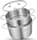 LOLYKITCH 3-Quart Tri-Ply Stainless Steel Steamer Pot with Glass Lid | Steaming Pot for Cooking | 2 Tier Induction Steamer Pot for Tamales Seafood Vegetables Dumplings | Stock Pot | Thick