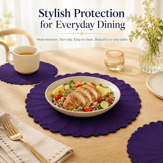 Heat-Resistant Silicone Trivet Mats, Non-Slip Hot Plate Holder for Kitchen Countertops & Dining Table, Reusable Pot Holder Pad with Secure Grip, Dishwasher Safe (Purple, Diameter: 30cm/11.81")