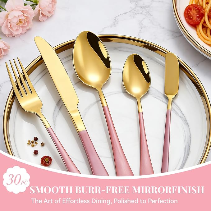 30 Pieces Silverware Set with Organizer, Stainless Steel Cutlery Set Flatware Set for 6 Person, Tableware Set Includes Dinner Knives Forks Spoons Teaspoons Butter Knives (Pink Gold-30PCS)