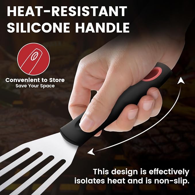 2Pcs Silicone Fish Spatula, Heat Resistant Silicone Edge for Nonstick Cookware, Fish Turner for Kitchen Use, Flexible and Thin Stainless Steel Slotted Spatula, 12.2 * 3.42 Inch, Red