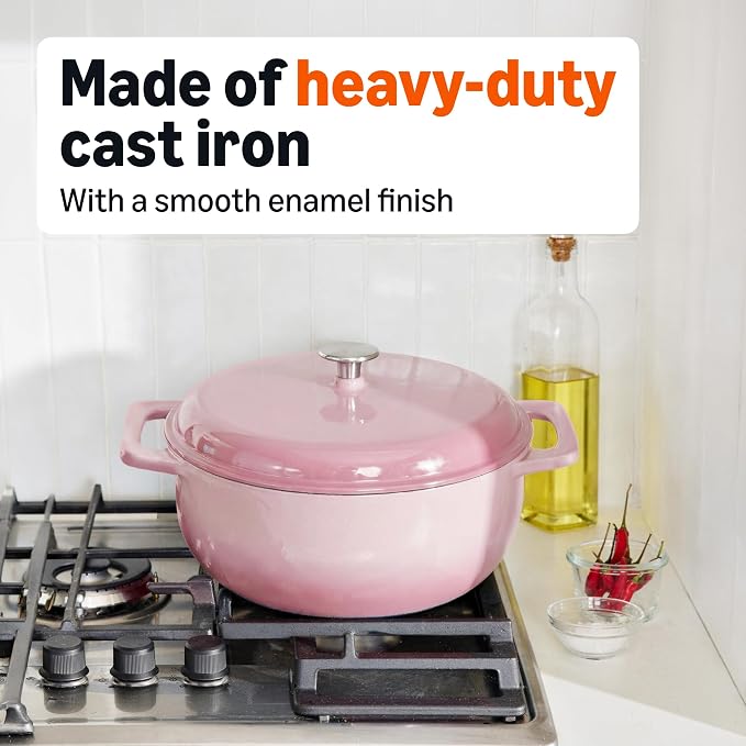 Amazon Basics Enameled Cast Iron Dutch Oven Pot with Lid, Round, Dual Handles, Heavy-Duty, Oven Safe for Stews, Roasting, Baking, 6-Quart, Light Pink