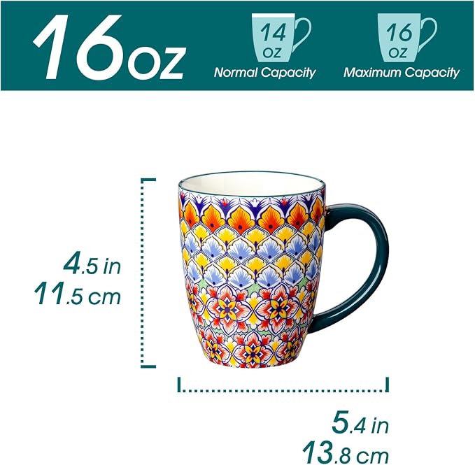vancasso SIMI 16 oz Large Coffee Mugs Set of 6, Ceramic Cups with Handle | Bohemian Mug, Ideal for Coffee, Latte, Tea, Cappuccino and Hot Chocolate, Dishwasher Microwave Safe for Daily Use Gift Set