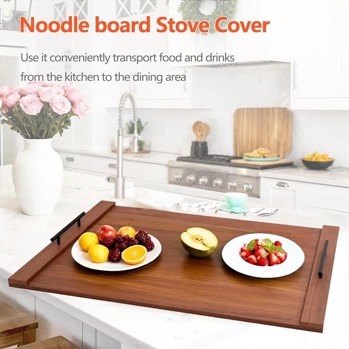 Walnut Noodle Board Stove Cover 30x22 Inch with Handles, Wood Stove Top Cover for Electric and Gas Stovetop, Wooden Kitchen Sink Cover, Decorative Serving Tray
