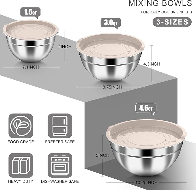 HaWare Mixing Bowls with Airtight Lids, 6-Piece Stainless Steel Salad Bowls | Strong Nesting Bowls for Cooking, Prepping, Baking, Serving & Food Storage, Stackable Design, Size 4.6, 3, 1.5QT, Khaki