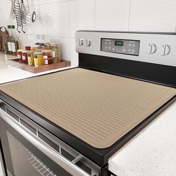 Stove Top Cover for Electric Stove - Food Grade Ceramic Stove top Cover, Silicone XXL Dish Drying Mat, Glass Cooktop Covers, Flat RV Range top Mats (Taupe,28x20)