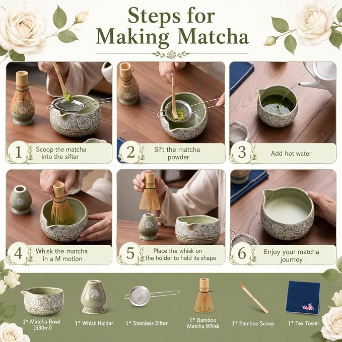 Matcha Whisk Set, 7-Pc Ceramic Matcha Bowl Kit, Bamboo Whisk,（Rose Green） | Buucup Matcha Making Set,Includes Matcha Bowl, Matcha Whisk and Holder, Bamboo Scoop, Scoop Rest, Sifter and Tea Towel